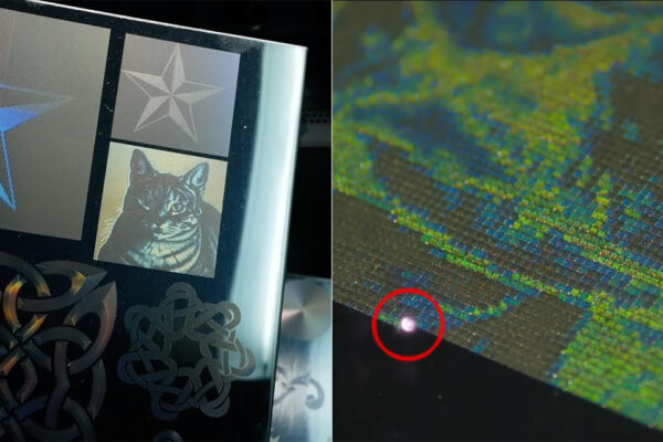 Crafting Almost-Holograms with a MOPA Laser